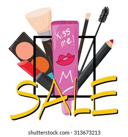 Sale makeup collection of make up cosmetics and accessories fashion beauty,horizontal background for you created vector illustration.
