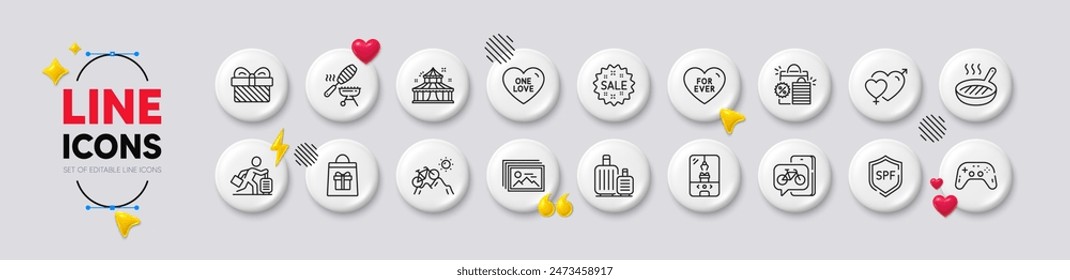 Sale, Male female and One love line icons. White buttons 3d icons. Pack of Spf protection, Gift, Fish grill icon. Image gallery, Baggage, Travel delay pictogram. Vector