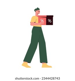 Sale with Man Character Carrying Box Shopping and Making Purchase Vector Illustration