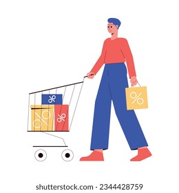 Sale with Man Character Pushing Cart with Bags Shopping and Making Purchase Vector Illustration