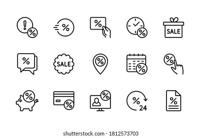 Sale management, vector linear icons set. Business sales and discount. Coupon, percent icon, online buying, surprise present and more. Isolated collection of discounts for websites and shop.