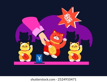 Venda de Maneki-neko - ilustração vetorial colorida moderna com loja com brinquedos japoneses tradicionais na forma de um gato com uma pata ondulando. Lembrança para um turista, símbolo de boa sorte e prosperidade