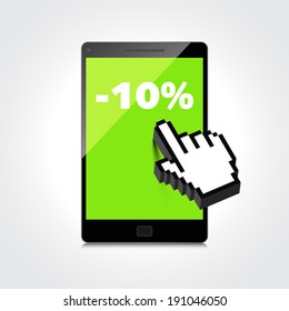 Sale, markdown, discount 10 percent on High-quality smartphone screen. Reduced Prices. Special offer. Shopping badge with percentage discount.
