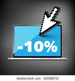 Sale, markdown, discount 10 percent on High-quality laptop screen. Reduced Prices. Special offer. Shopping badge with percentage discount.