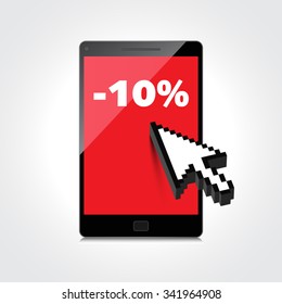 Sale, markdown, discount 10 percent on High-quality smartphone screen. Reduced Prices. Special offer. Shopping badge with percentage discount.