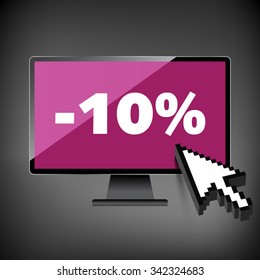 Sale, markdown, discount 10 percent on High-quality computer display, monitor screen. Reduced Prices. Special offer. Shopping badge with percentage discount.