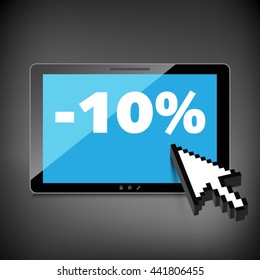 Sale, markdown, discount 10 percent on High-quality tablet screen. Reduced Prices. Special offer. Shopping badge with percentage discount.