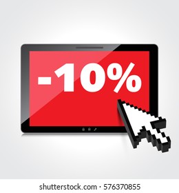 Sale, markdown, discount 10 percent on High-quality tablet screen. Reduced Prices. Special offer. Shopping badge with percentage discount.
