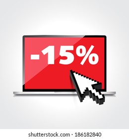 Sale, markdown, discount 15 percent on High-quality laptop screen. Reduced Prices. Special offer. Shopping badge with percentage discount.