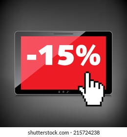 Sale, markdown, discount 15 percent on High-quality tablet screen. Reduced Prices. Special offer. Shopping badge with percentage discount.