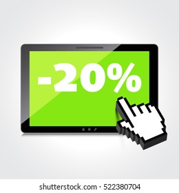 Sale, markdown, discount 20 percent on High-quality tablet screen. Reduced Prices. Special offer. Shopping badge with percentage discount.