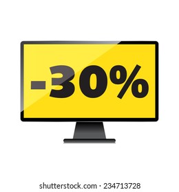 Sale, markdown, discount 30 percent on High-quality computer display, monitor screen. Reduced Prices. Special offer. Shopping badge with percentage discount.