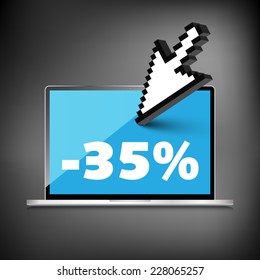 Sale, markdown, discount 35 percent on High-quality laptop screen. Reduced Prices. Special offer. Shopping badge with percentage discount.