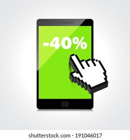 Sale, markdown, discount 40 percent on High-quality smartphone screen. Reduced Prices. Special offer. Shopping badge with percentage discount.