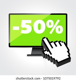 Sale, markdown, discount 50 percent on High-quality computer display, monitor screen. Reduced Prices. Special offer. Shopping badge with percentage discount.