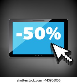 Sale, markdown, discount 50 percent on High-quality tablet screen. Reduced Prices. Special offer. Shopping badge with percentage discount.