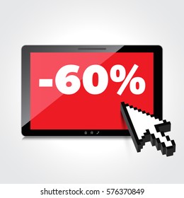 Sale, markdown, discount 60 percent on High-quality tablet screen. Reduced Prices. Special offer. Shopping badge with percentage discount.