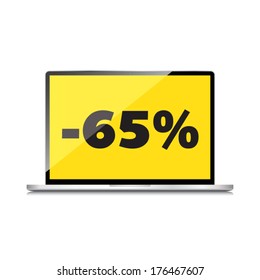 Sale, markdown, discount 65 percent on High-quality laptop screen. Reduced Prices. Special offer. Shopping badge with percentage discount. 
