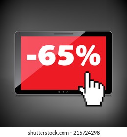 Sale, markdown, discount 65 percent on High-quality tablet screen. Reduced Prices. Special offer. Shopping badge with percentage discount.
