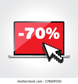 Sale, markdown, discount 70 percent on High-quality laptop screen. Reduced Prices. Special offer. Shopping badge with percentage discount.