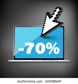Sale, markdown, discount 70 percent on High-quality laptop screen. Reduced Prices. Special offer. Shopping badge with percentage discount.