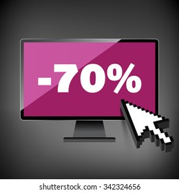 Sale, markdown, discount 70 percent on High-quality computer display, monitor screen. Reduced Prices. Special offer. Shopping badge with percentage discount.