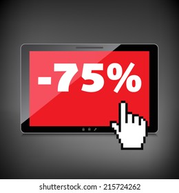 Sale, markdown, discount 75 percent on High-quality tablet screen. Reduced Prices. Special offer. Shopping badge with percentage discount.