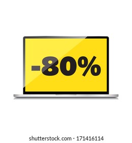 Sale, markdown, discount 80 percent on High-quality laptop screen. Reduced Prices. Special offer. Shopping badge with percentage discount.