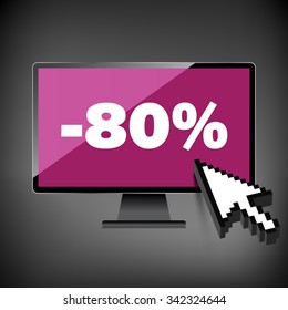Sale, markdown, discount 80 percent on High-quality computer display, monitor screen. Reduced Prices. Special offer. Shopping badge with percentage discount.