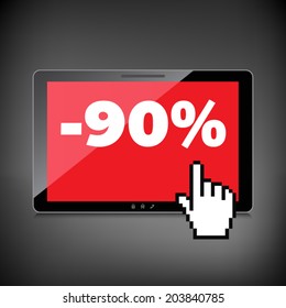Sale, markdown, discount 90 percent on High-quality tablet screen. Reduced Prices. Special offer. Shopping badge with percentage discount.