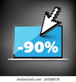 Sale, markdown, discount 90 percent on High-quality laptop screen. Reduced Prices. Special offer. Shopping badge with percentage discount. 