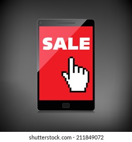 Sale, markdown, discount on High-quality smartphone screen. Reduced Prices. Special offer. Shopping badge with percentage discount.