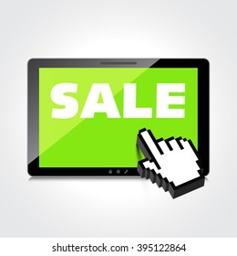Sale, markdown, discount on High-quality tablet screen. Reduced Prices. Special offer. Shopping badge with percentage discount.