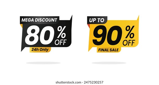 Sale marketing banner with price cut out and sell-off. Mega discount 24h only 80 percent and up to 90 percentage off final sale badge isometric three-dimensional vector illustration isolated on white.