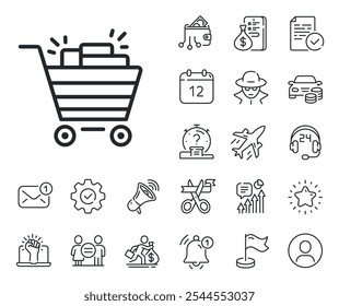 Sale Marketing symbol. Salaryman, gender equality and alert bell outline icons. Shopping cart line icon. Special offer sign. Shopping cart line sign. Spy or profile placeholder icon. Vector