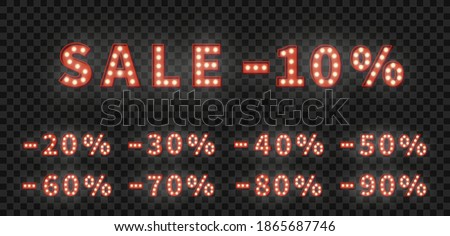 Sale marquee numbers template. 3d vector set of light bulb numbers. Promotion sale price set