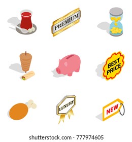 Sale of meat icons set. Isometric set of 9 sale of meat vector icons for web isolated on white background