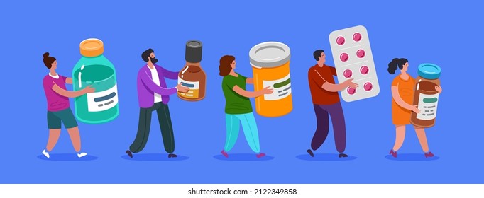 Sale of medical drugs and pills to customers. People in the pharmacy. Color vector illustration in flat cartoon style