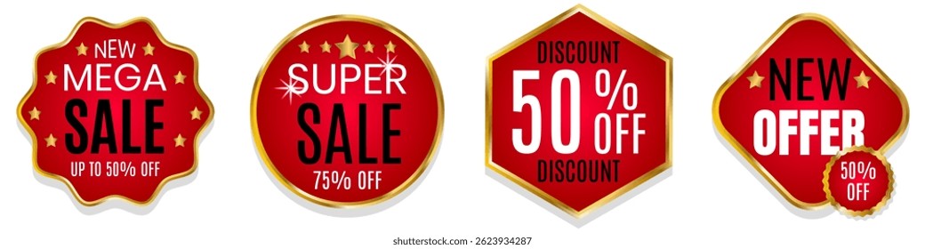 Sale Mega Super Discount New Offer Set of discount gift ticket coupons color red black gold white 50 75% percent Vector template of coupon tag element design star
