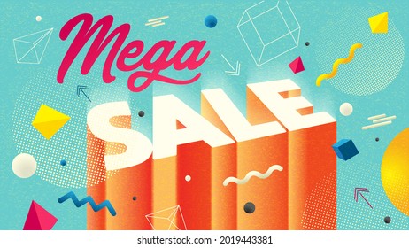 Sale, Mega Sale for web app banner. Abstract creative background in bright colors. Fluid promotion gradient shapes composition.Cool design for card, poster, invitation or flyer. Discount special offer