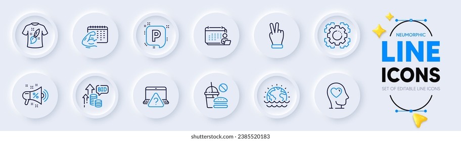 Sale megaphone, Parking and Fitness calendar line icons for web app. Pack of Mental health, T-shirt design, Seo gear pictogram icons. Disaster, Bid offer, Fast food signs. Accounting. Vector