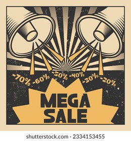 Sale megaphone poster. Discount sale banner on a classic grange retro background.