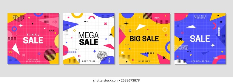 Venda Memphis banners com padrão de formas geométricas abstratas, cartazes promocionais de loja de vetor. Grandes banners de venda para promoção de desconto e oferta especial de preço com Memphis formas geométricas e cor splash