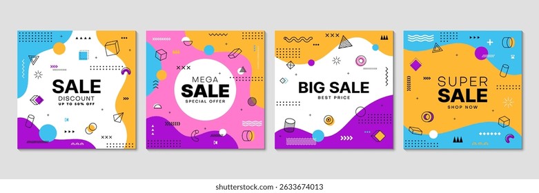 Venda Memphis banners com padrão geométrico abstrato para desconto promo, cartazes vetoriais. Promoção de venda oferta de banners para loja ou promoção especial de 50 por cento fora com formas geométricas de Memphis