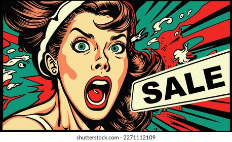 Sale Message in pop art style, promotional background, 
Open mouth in pop art style .presentation poster. Flat design, vector illustration.