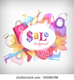 Sale message vector background with bags, shoes and perfume. Elements are separated layer in vector Eps10 file. Part of set. Vector art.