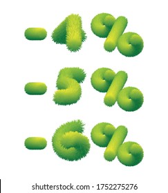 Sale. Minus -4%, -5%, -6%. Grass lettering. Vector template for gardening and horticulture. 