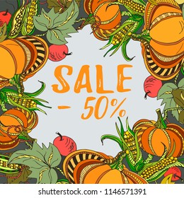 Sale minus 50 text. Vector illustration, Autumn sale tag isolated on background and frame with pumpkins, apples and corn.