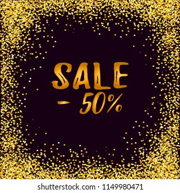 Sale minus 50% text. Vector illustration, sale tag isolated on black background with golden confetti.