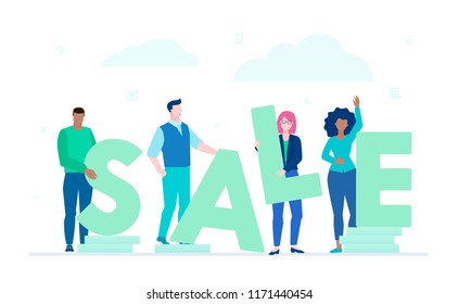 Sale - modern flat design style colorful illustration on white background. A composition with cute characters holding big letters on pile of coins. Nice blue colors. Discount, special offer concept